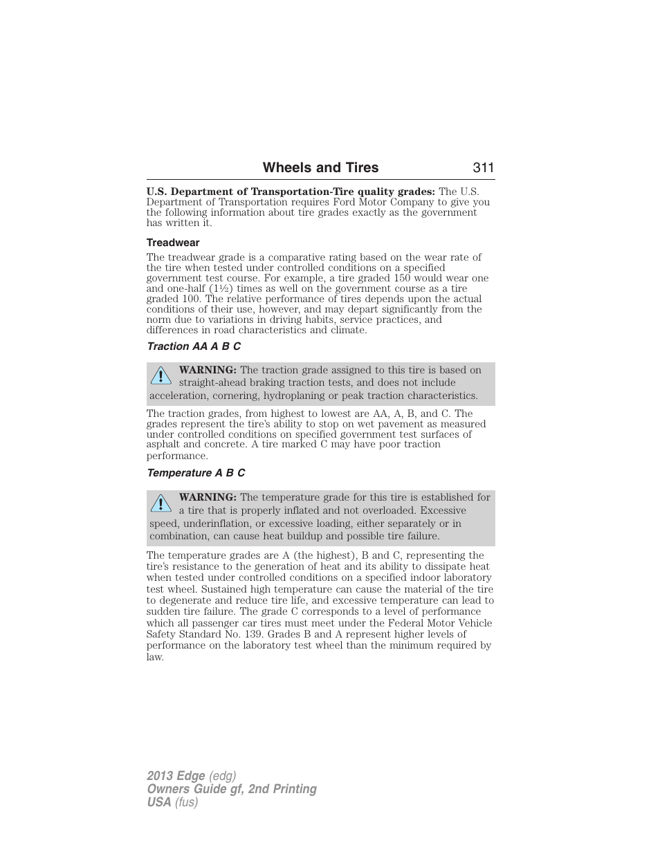 Treadwear, Traction aa a b c, Temperature a b c | Wheels and tires 311 | FORD 2013 Edge v.2 User Manual | Page 311 / 513