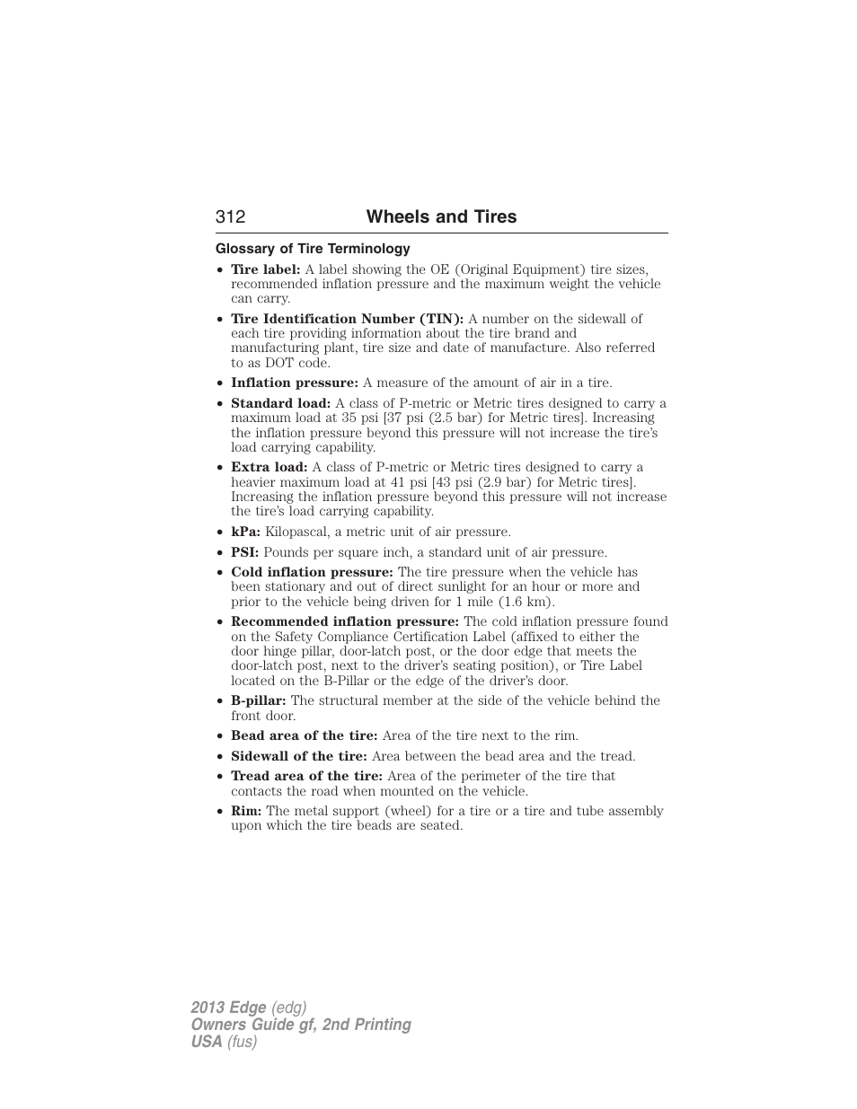 Glossary of tire terminology, 312 wheels and tires | FORD 2013 Edge v.2 User Manual | Page 312 / 513