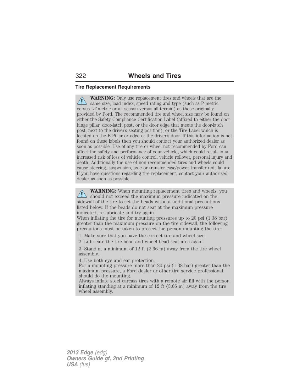 Tire replacement requirements, 322 wheels and tires | FORD 2013 Edge v.2 User Manual | Page 322 / 513