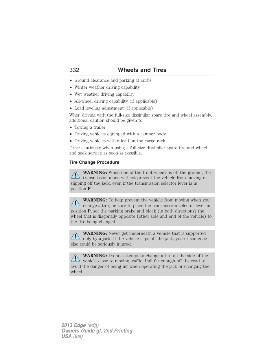 Tire change procedure, 332 wheels and tires | FORD 2013 Edge v.2 User Manual | Page 332 / 513