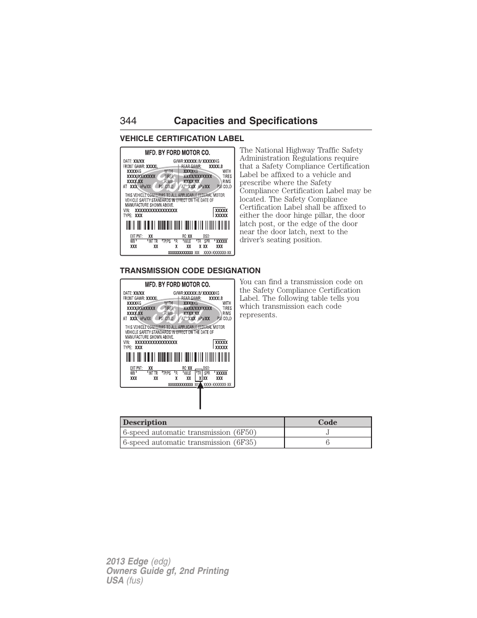 Vehicle certification label, Transmission code designation, 344 capacities and specifications | FORD 2013 Edge v.2 User Manual | Page 344 / 513