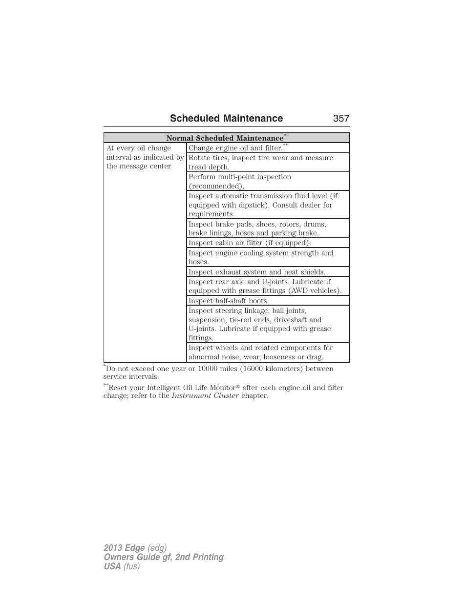 Scheduled maintenance 357 | FORD 2013 Edge v.2 User Manual | Page 357 / 513