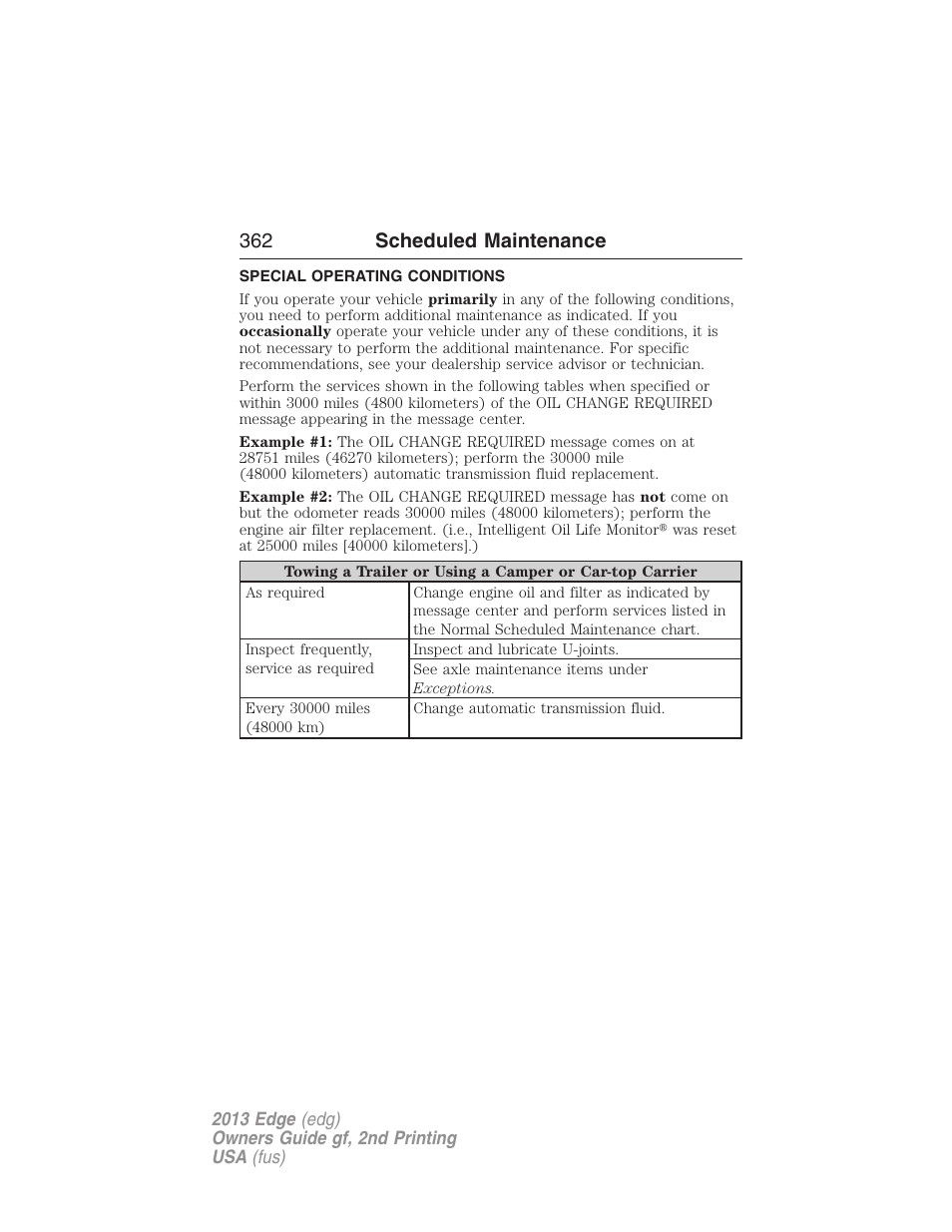 Special operating conditions, 362 scheduled maintenance | FORD 2013 Edge v.2 User Manual | Page 362 / 513