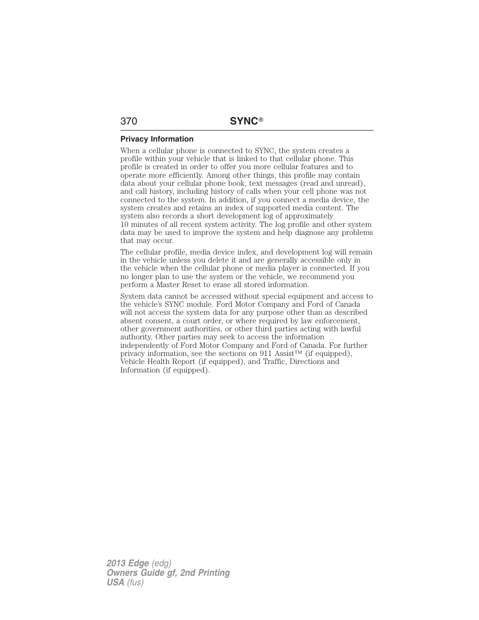 Privacy information | FORD 2013 Edge v.2 User Manual | Page 370 / 513