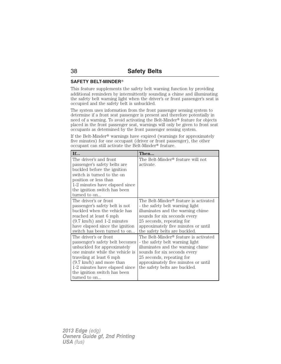 Safety belt-minder, 38 safety belts | FORD 2013 Edge v.2 User Manual | Page 38 / 513
