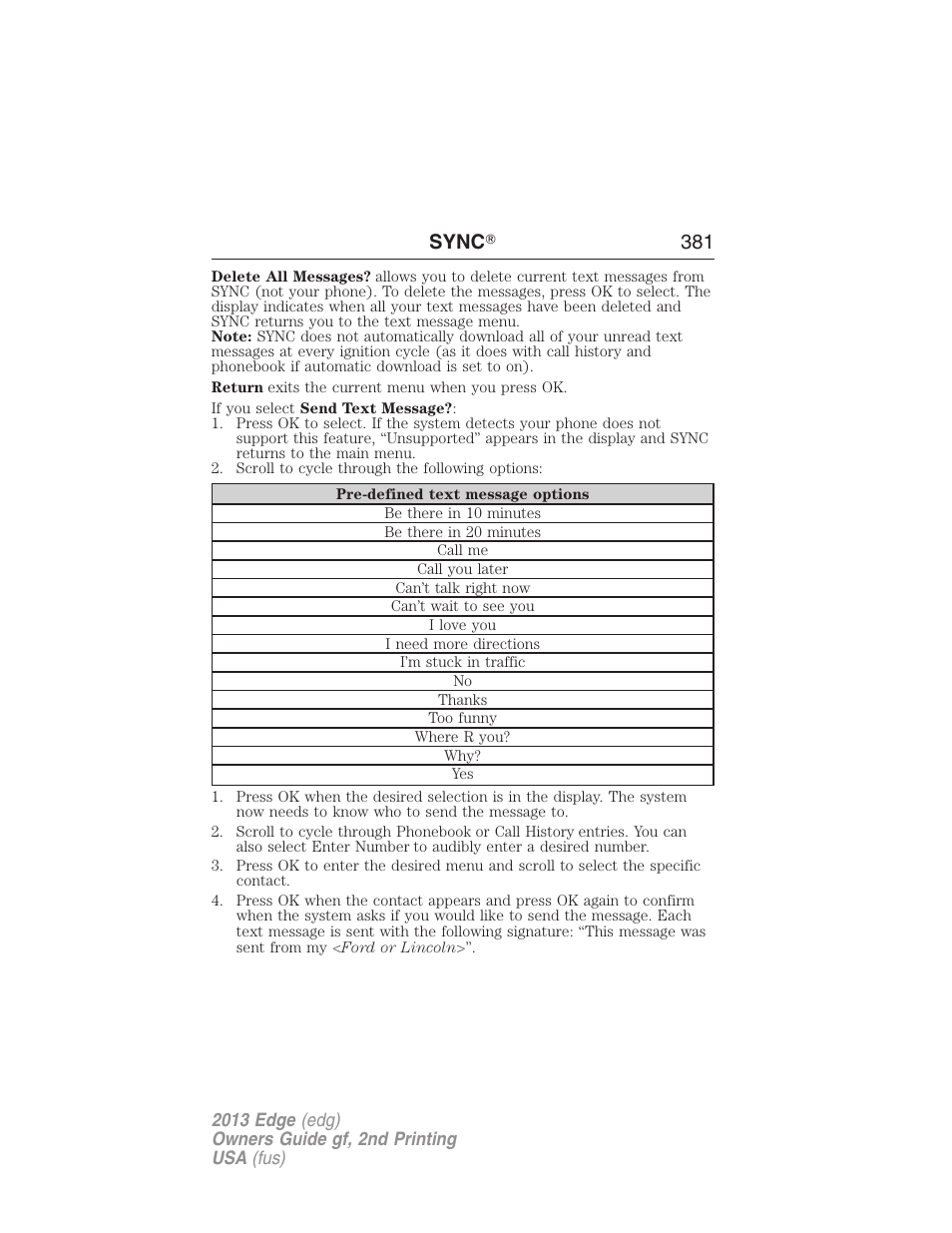 Sync ா 381 | FORD 2013 Edge v.2 User Manual | Page 381 / 513
