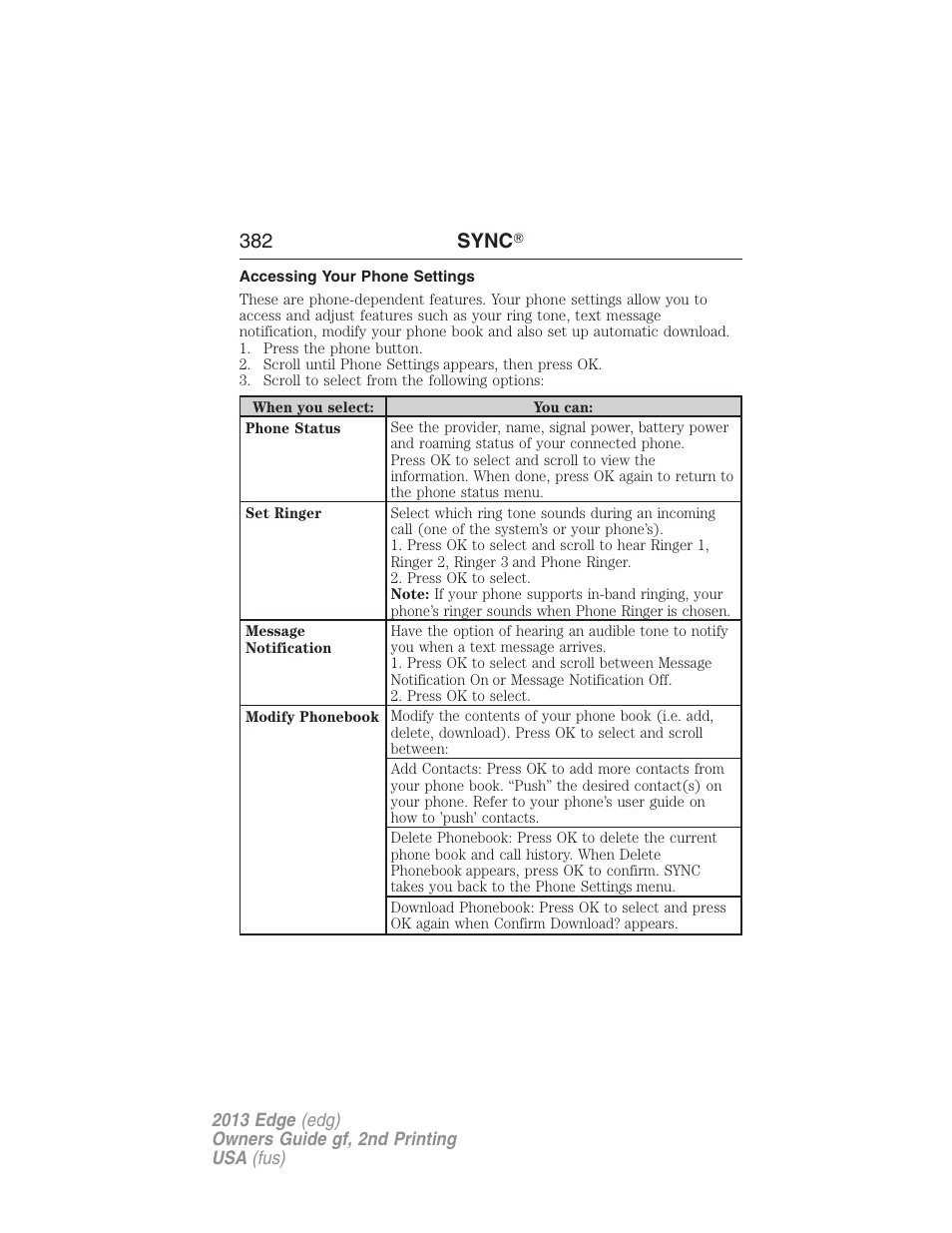 Accessing your phone settings, 382 sync | FORD 2013 Edge v.2 User Manual | Page 382 / 513