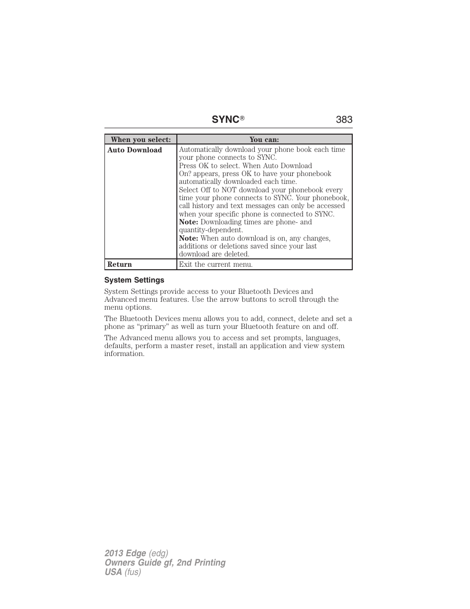 System settings, Sync ா 383 | FORD 2013 Edge v.2 User Manual | Page 383 / 513