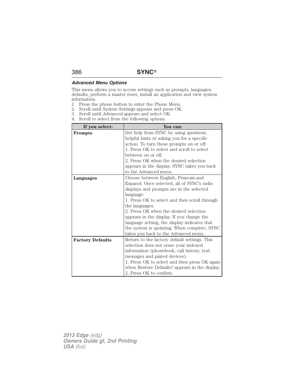 Advanced menu options, 386 sync | FORD 2013 Edge v.2 User Manual | Page 386 / 513