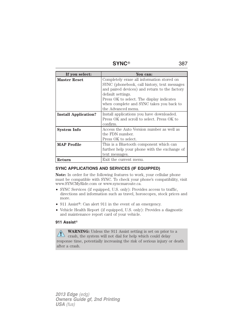 Sync applications and services (if equipped), 911 assist, Sync ா 387 | FORD 2013 Edge v.2 User Manual | Page 387 / 513
