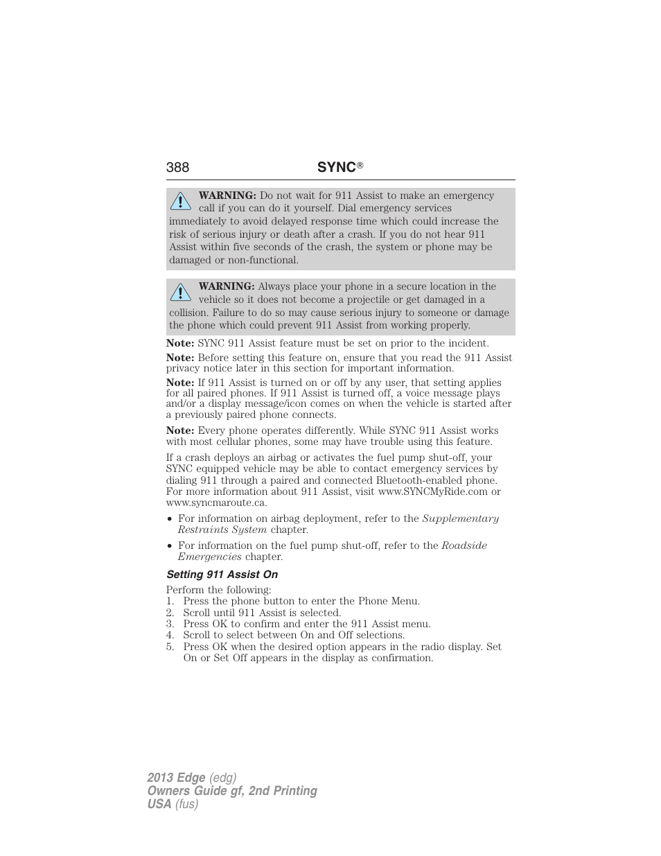 Setting 911 assist on, 388 sync | FORD 2013 Edge v.2 User Manual | Page 388 / 513