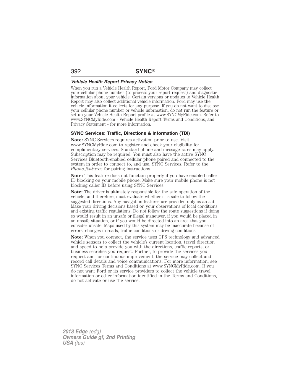 Vehicle health report privacy notice | FORD 2013 Edge v.2 User Manual | Page 392 / 513