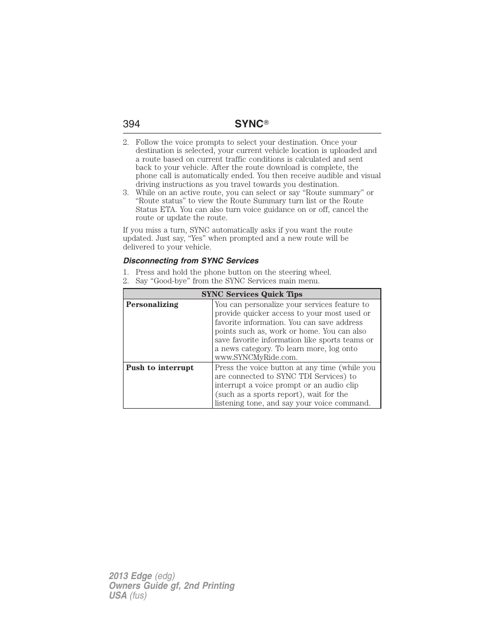Disconnecting from sync services, 394 sync | FORD 2013 Edge v.2 User Manual | Page 394 / 513
