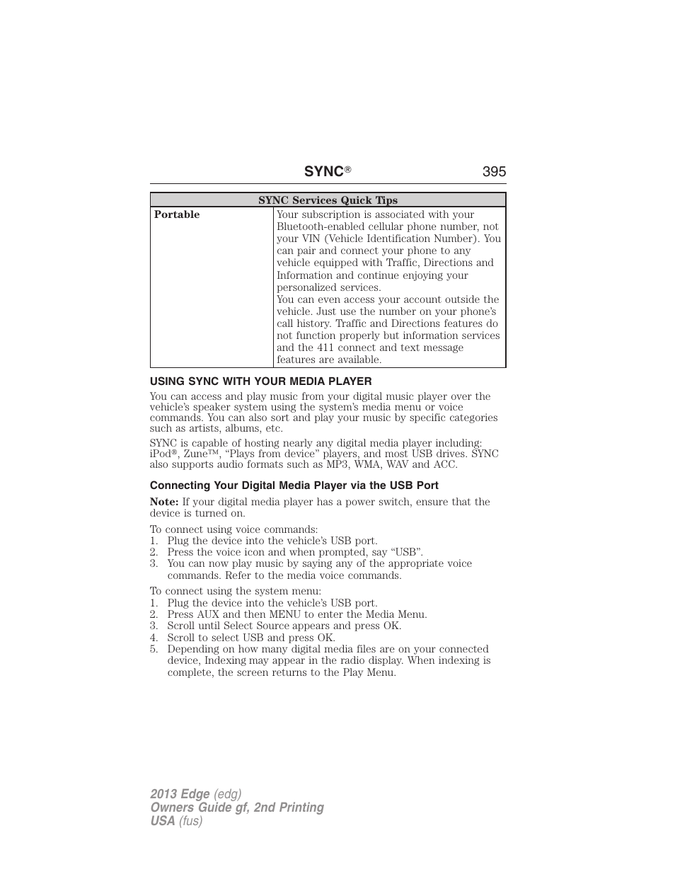 Using sync with your media player, Sync ா 395 | FORD 2013 Edge v.2 User Manual | Page 395 / 513