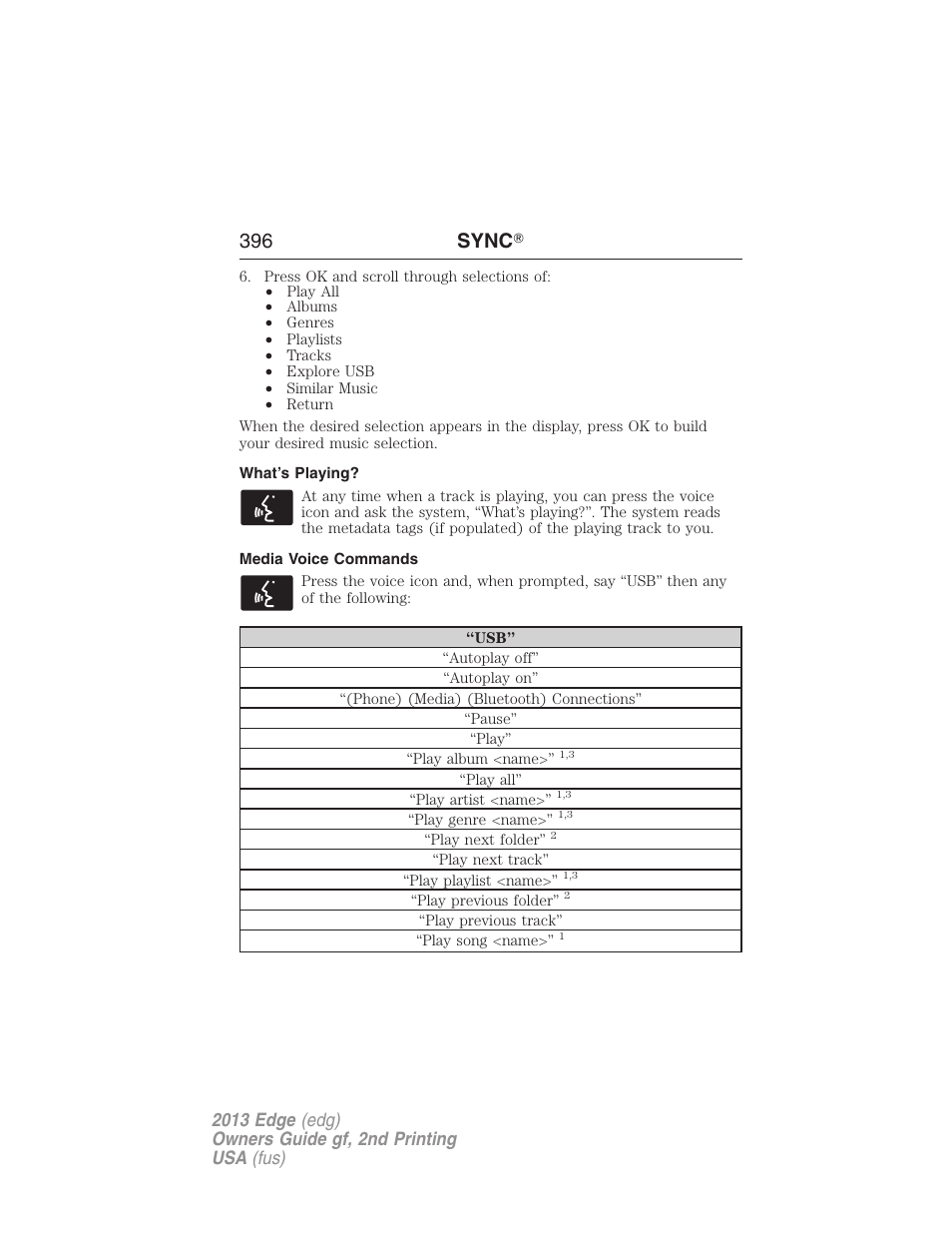 What’s playing, Media voice commands, 396 sync | FORD 2013 Edge v.2 User Manual | Page 396 / 513