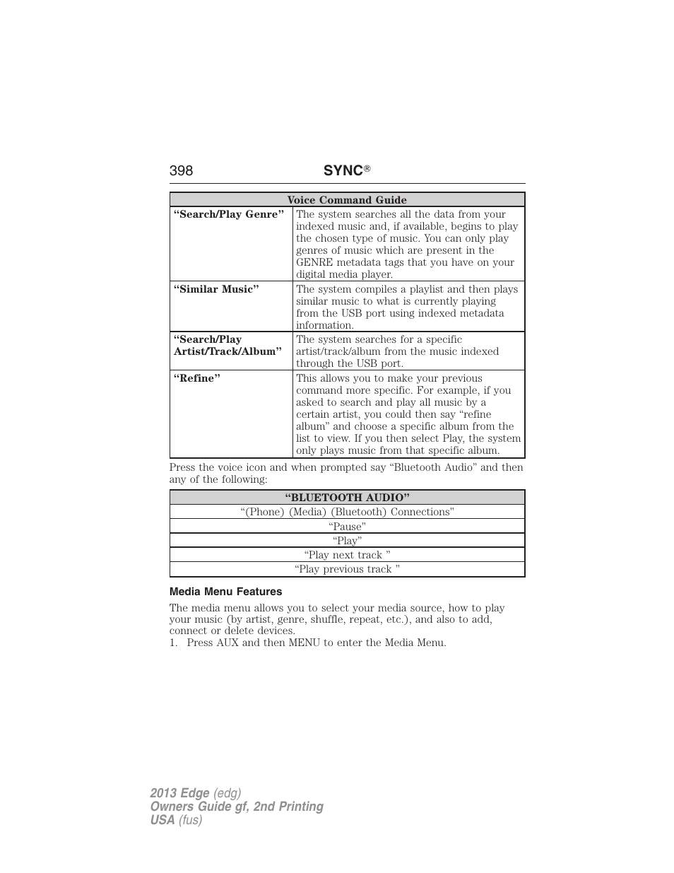 Media menu features, 398 sync | FORD 2013 Edge v.2 User Manual | Page 398 / 513