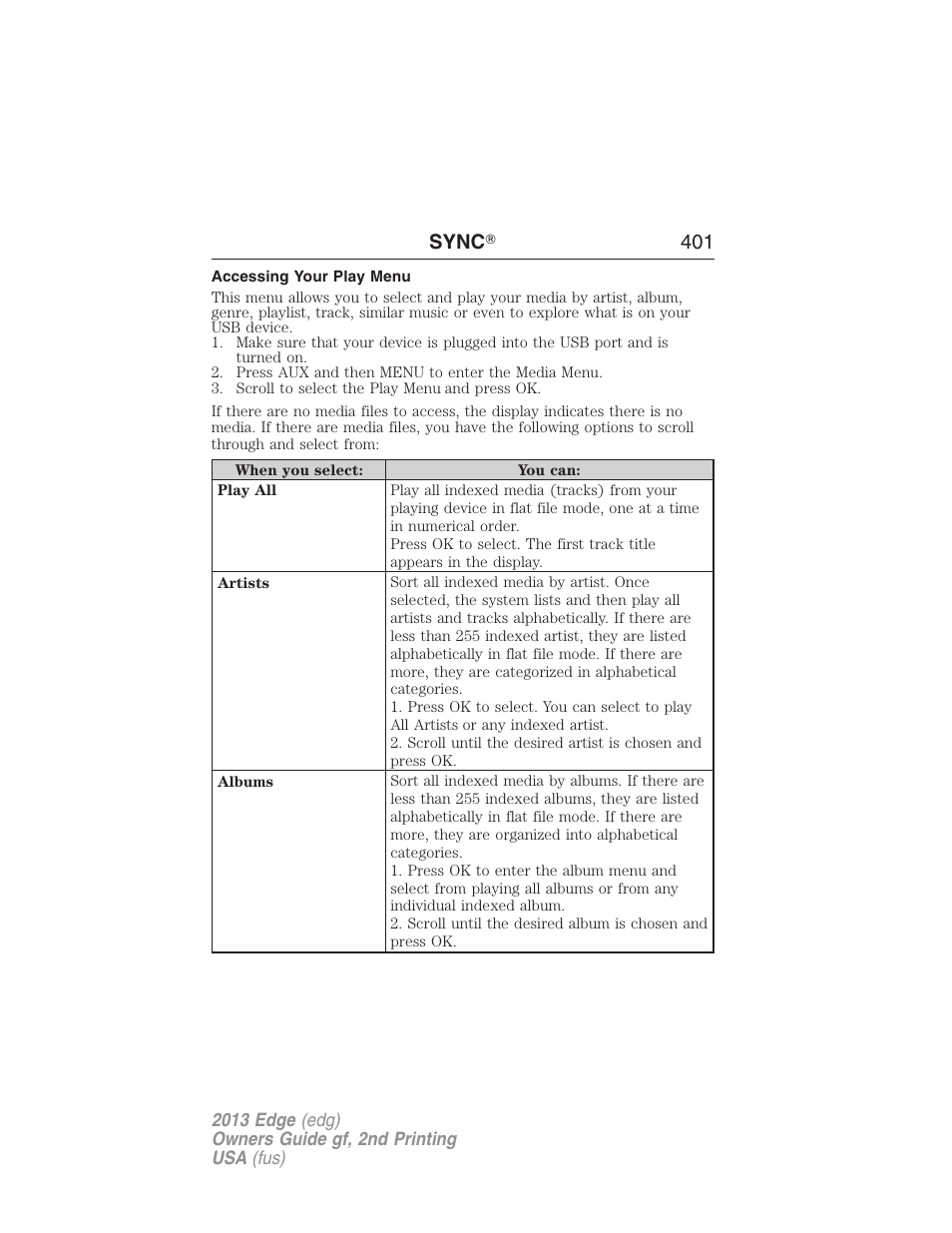 Accessing your play menu, Sync ா 401 | FORD 2013 Edge v.2 User Manual | Page 401 / 513