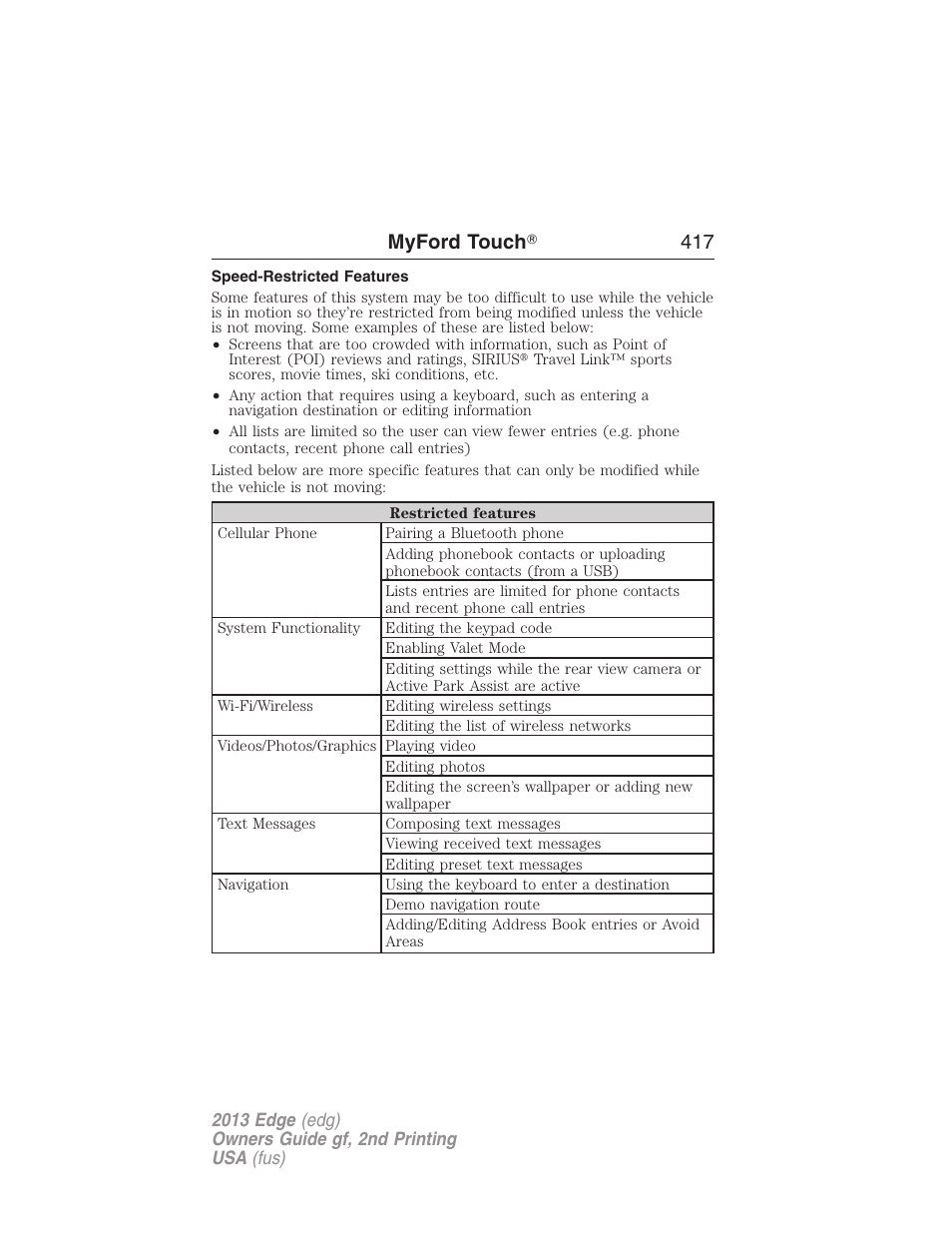 Speed-restricted features, Myford touch ா 417 | FORD 2013 Edge v.2 User Manual | Page 417 / 513