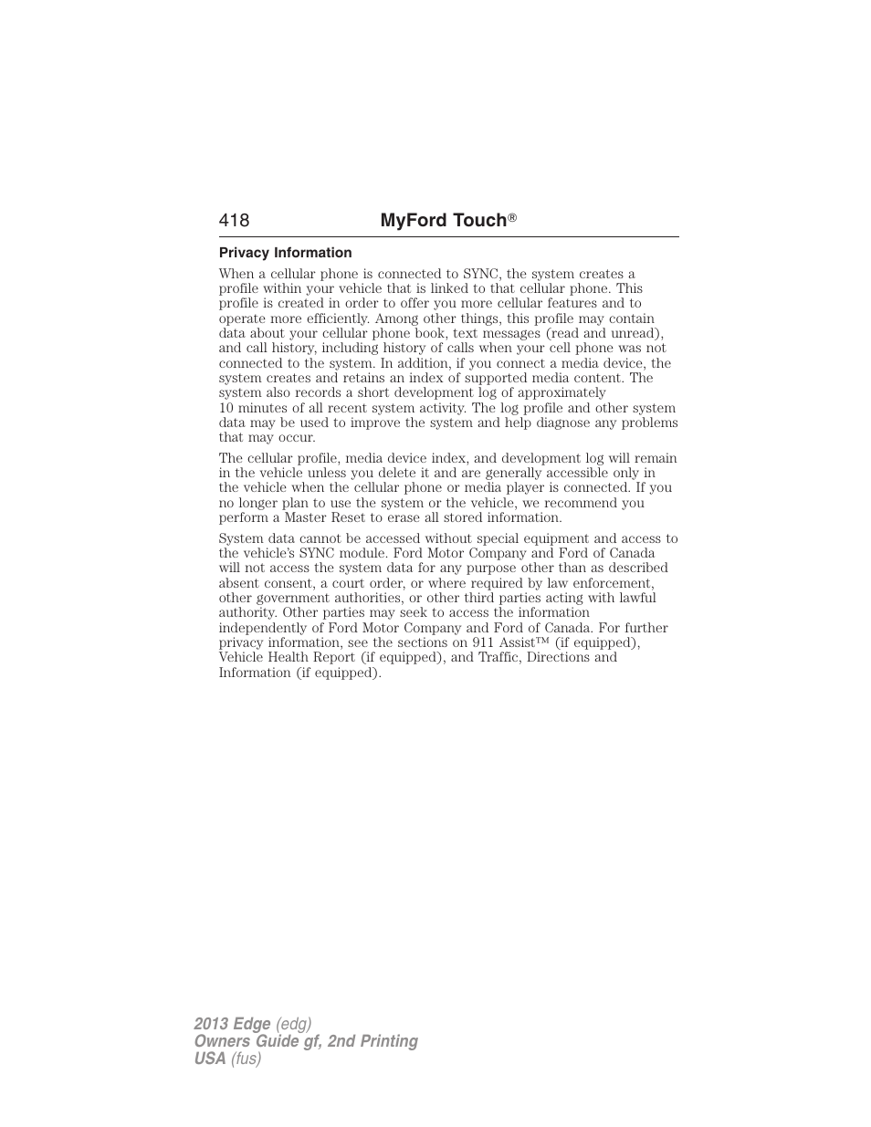 Privacy information | FORD 2013 Edge v.2 User Manual | Page 418 / 513