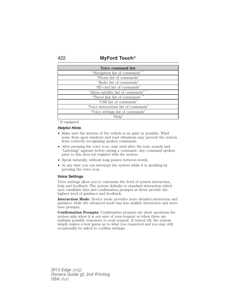 Helpful hints, Voice settings, 422 myford touch | FORD 2013 Edge v.2 User Manual | Page 422 / 513