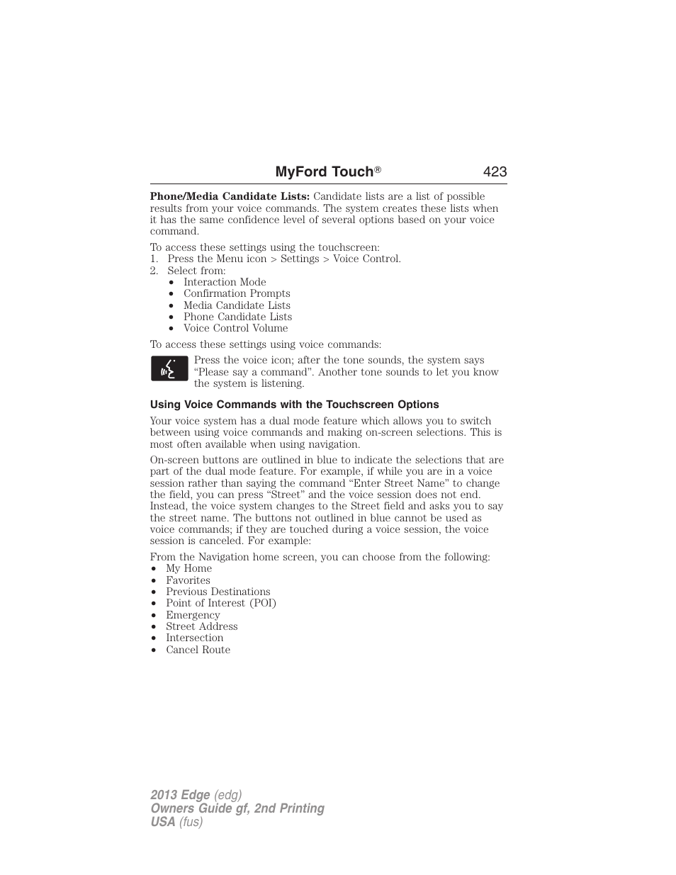 Using voice commands with the touchscreen options, Myford touch ா 423 | FORD 2013 Edge v.2 User Manual | Page 423 / 513