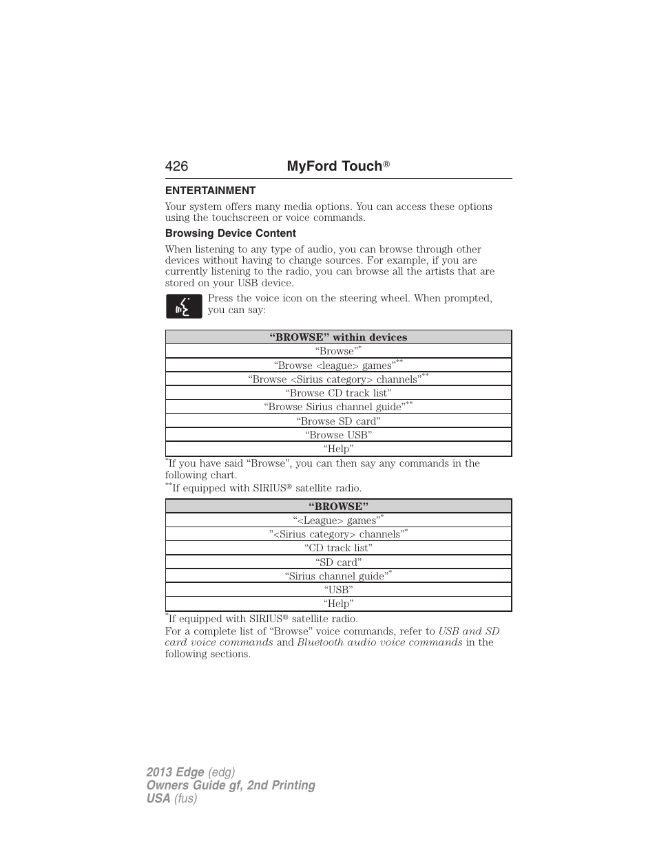 Entertainment, Browsing device content, Listening to music | 426 myford touch | FORD 2013 Edge v.2 User Manual | Page 426 / 513