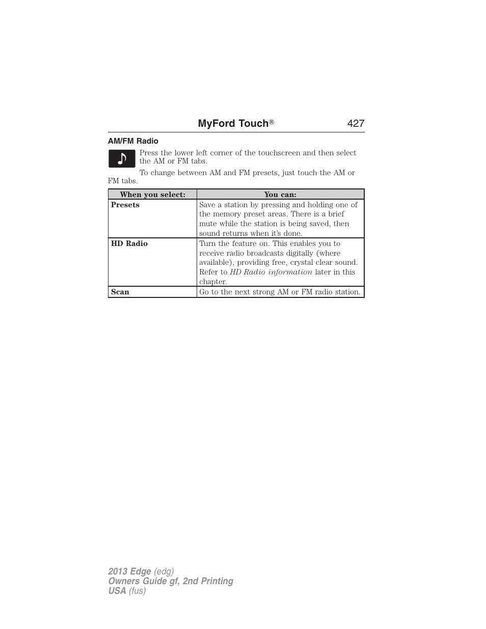 Am/fm radio, Myford touch ா 427 | FORD 2013 Edge v.2 User Manual | Page 427 / 513