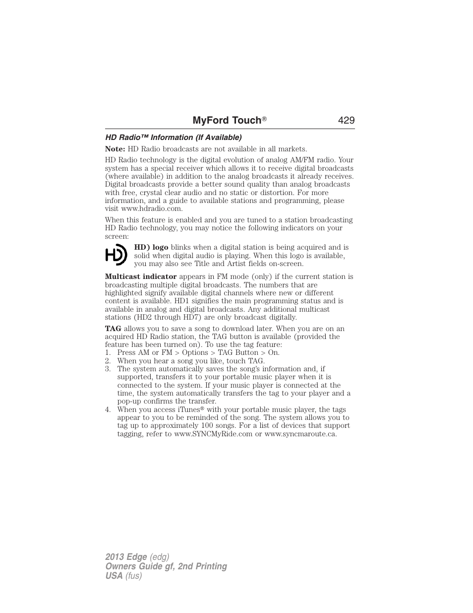 Hd radio™ information (if available), Myford touch ா 429 | FORD 2013 Edge v.2 User Manual | Page 429 / 513