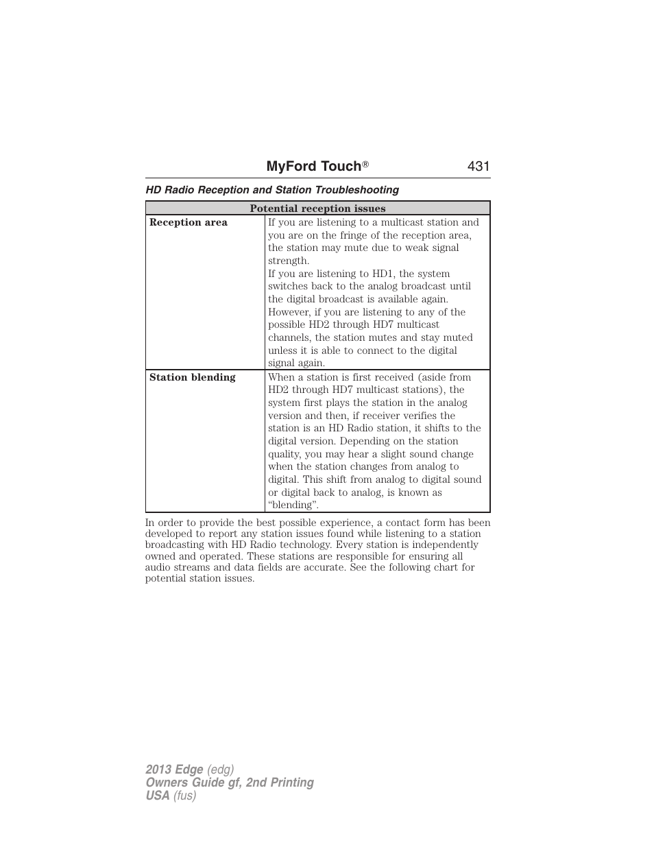 Hd radio reception and station troubleshooting | FORD 2013 Edge v.2 User Manual | Page 431 / 513