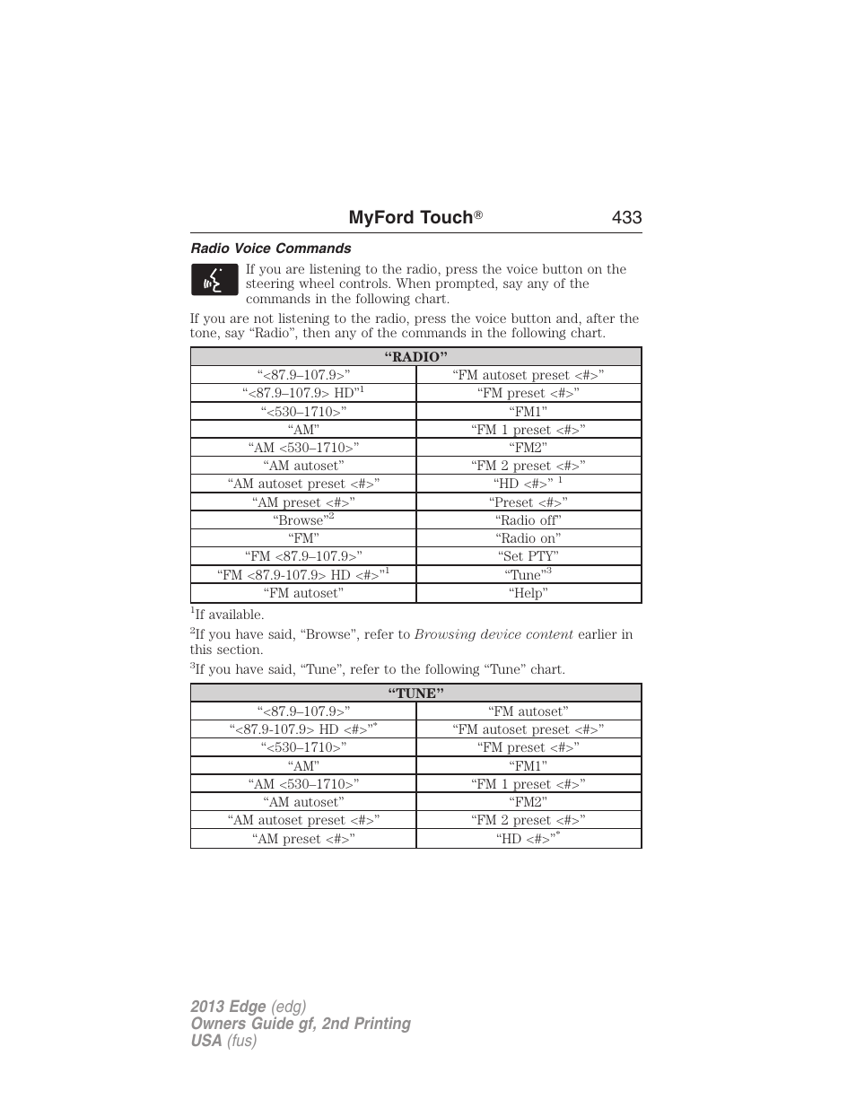 Radio voice commands, Myford touch ா 433 | FORD 2013 Edge v.2 User Manual | Page 433 / 513