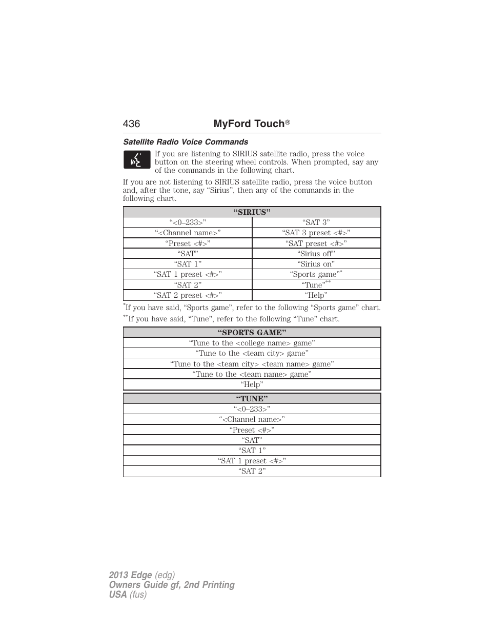 Satellite radio voice commands, 436 myford touch | FORD 2013 Edge v.2 User Manual | Page 436 / 513