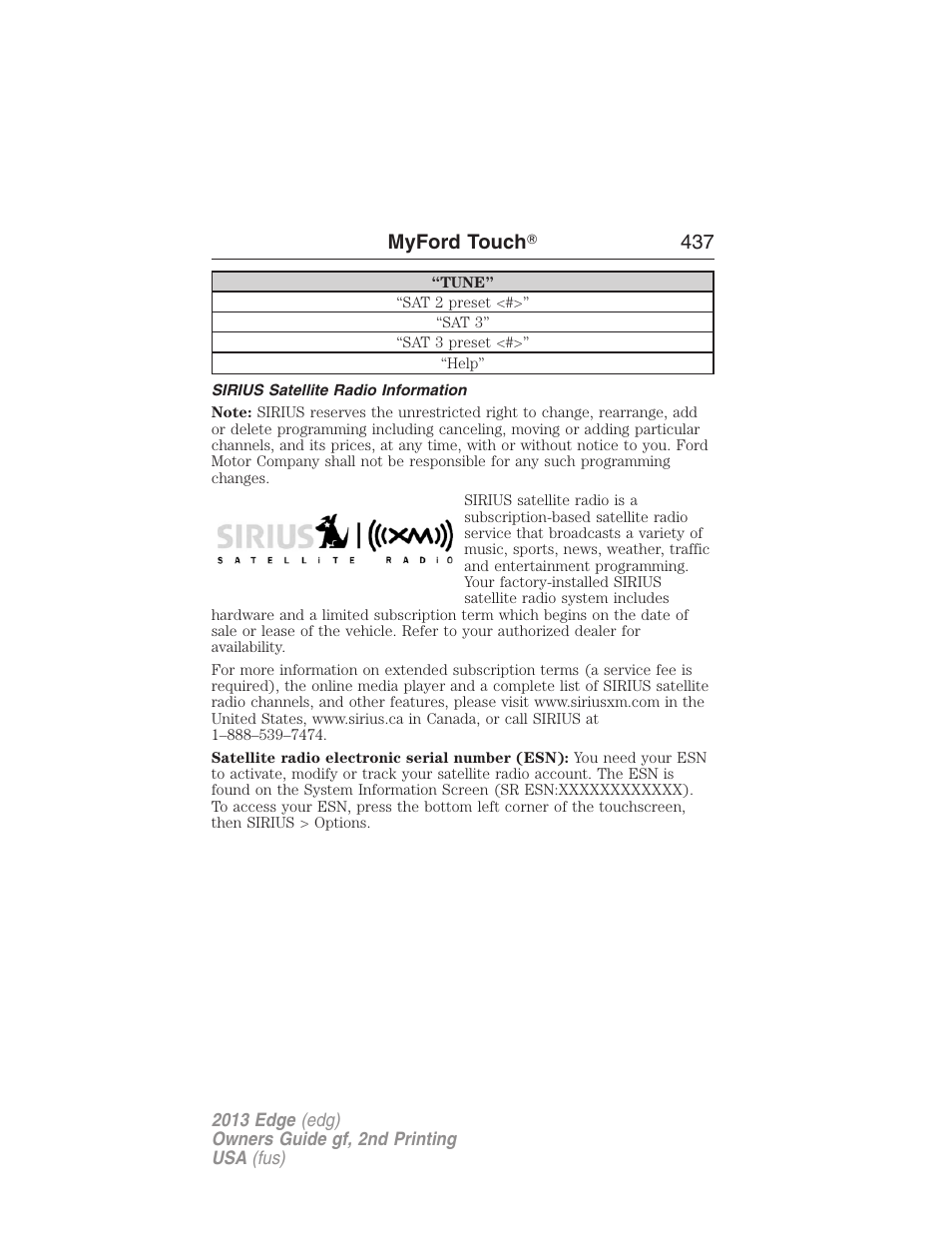 Sirius satellite radio information, Myford touch ா 437 | FORD 2013 Edge v.2 User Manual | Page 437 / 513