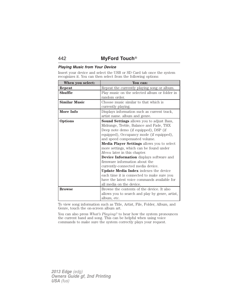 Playing music from your device, 442 myford touch | FORD 2013 Edge v.2 User Manual | Page 442 / 513