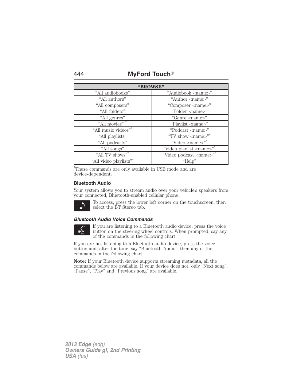 Bluetooth audio, Bluetooth audio voice commands, 444 myford touch | FORD 2013 Edge v.2 User Manual | Page 444 / 513