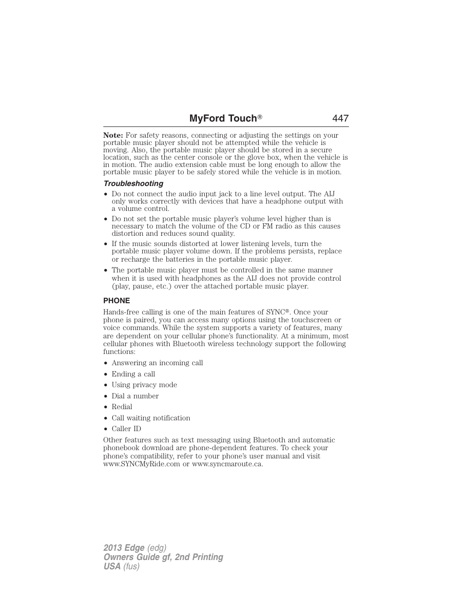Troubleshooting, Phone, Phone features | Myford touch ா 447 | FORD 2013 Edge v.2 User Manual | Page 447 / 513