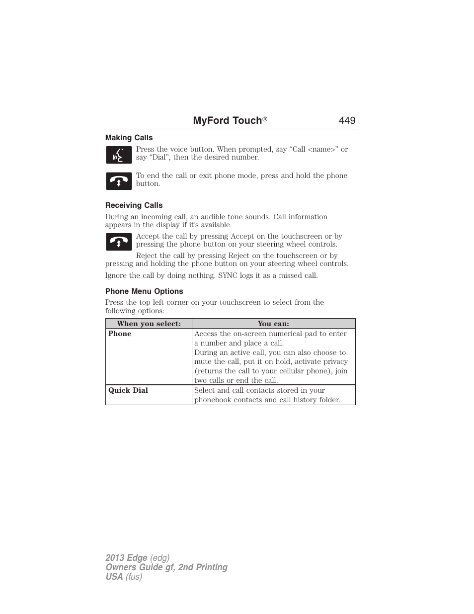 Making calls, Receiving calls, Phone menu options | Myford touch ா 449 | FORD 2013 Edge v.2 User Manual | Page 449 / 513