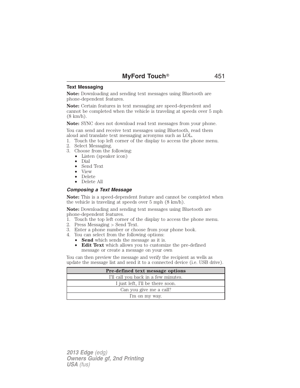 Text messaging, Composing a text message, Myford touch ா 451 | FORD 2013 Edge v.2 User Manual | Page 451 / 513