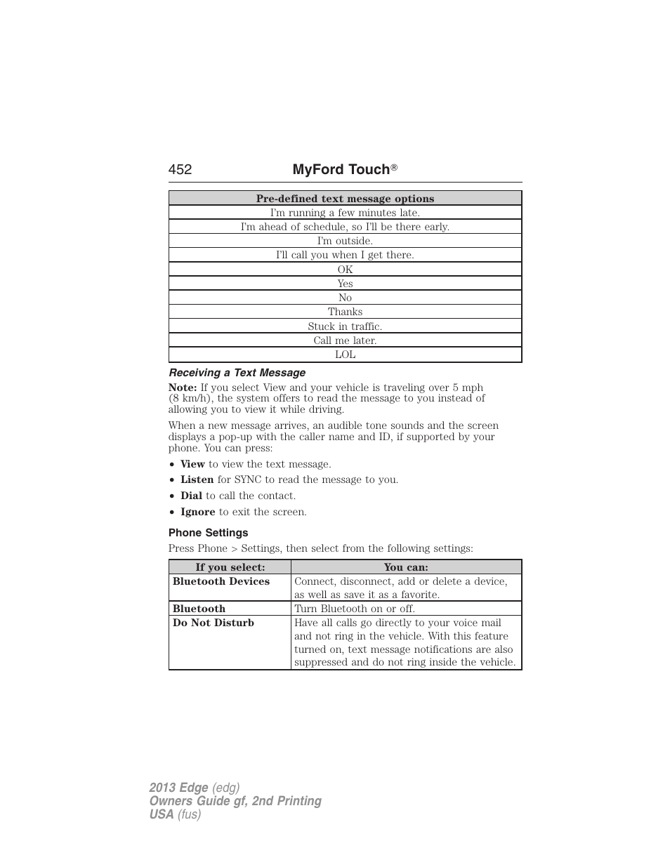 Receiving a text message, Phone settings, 452 myford touch | FORD 2013 Edge v.2 User Manual | Page 452 / 513