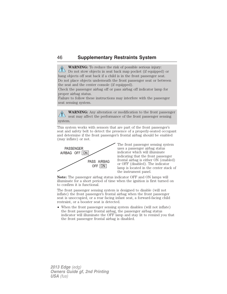 46 supplementary restraints system | FORD 2013 Edge v.2 User Manual | Page 46 / 513