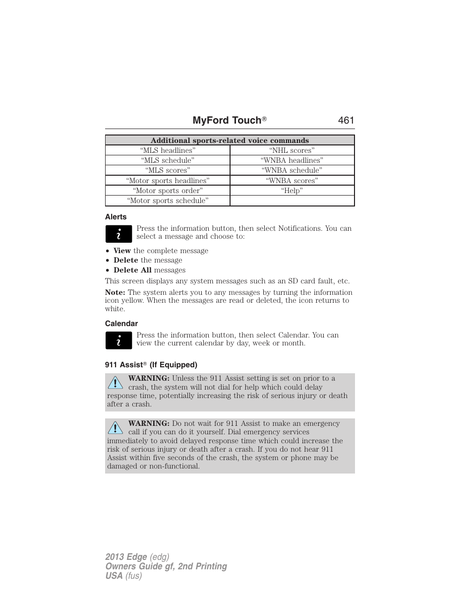 Alerts, Calendar, 911 assist? (if equipped) | Myford touch ா 461 | FORD 2013 Edge v.2 User Manual | Page 461 / 513