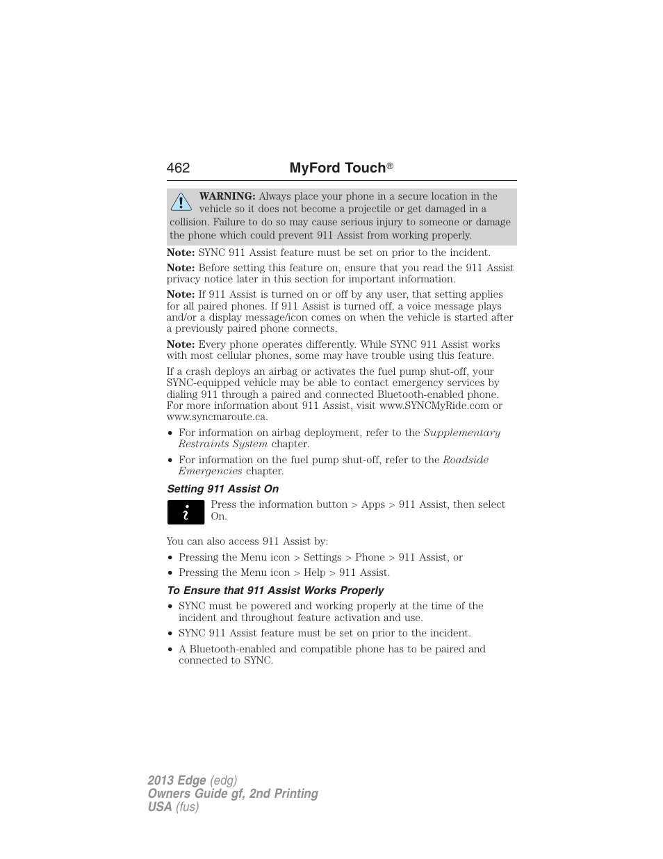 Setting 911 assist on, To ensure that 911 assist works properly, 462 myford touch | FORD 2013 Edge v.2 User Manual | Page 462 / 513