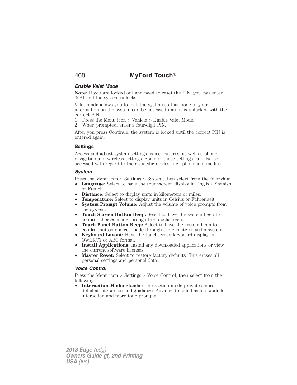 Enable valet mode, Settings, System | Voice control, 468 myford touch | FORD 2013 Edge v.2 User Manual | Page 468 / 513