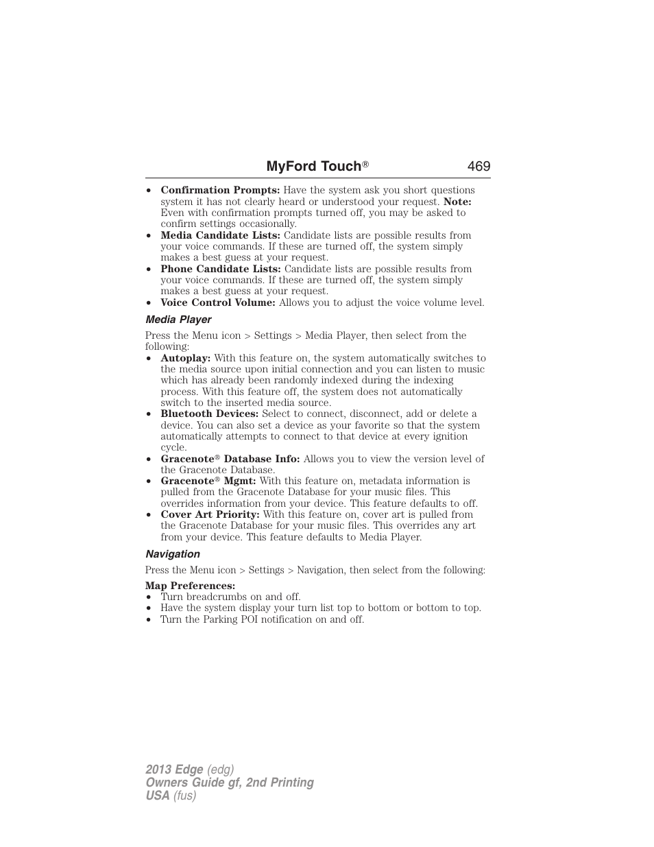 Media player, Navigation, Myford touch ா 469 | FORD 2013 Edge v.2 User Manual | Page 469 / 513