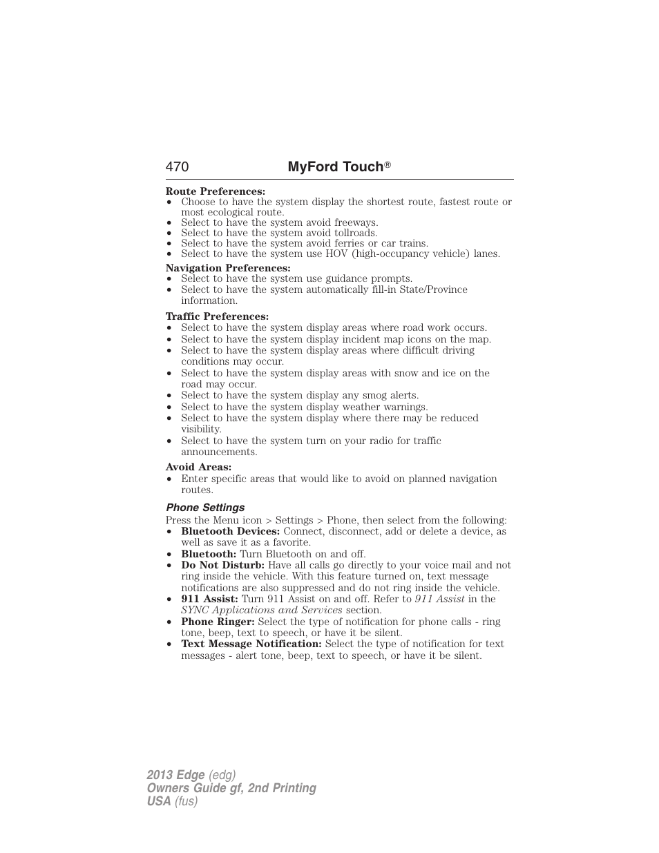 Phone settings, 470 myford touch | FORD 2013 Edge v.2 User Manual | Page 470 / 513