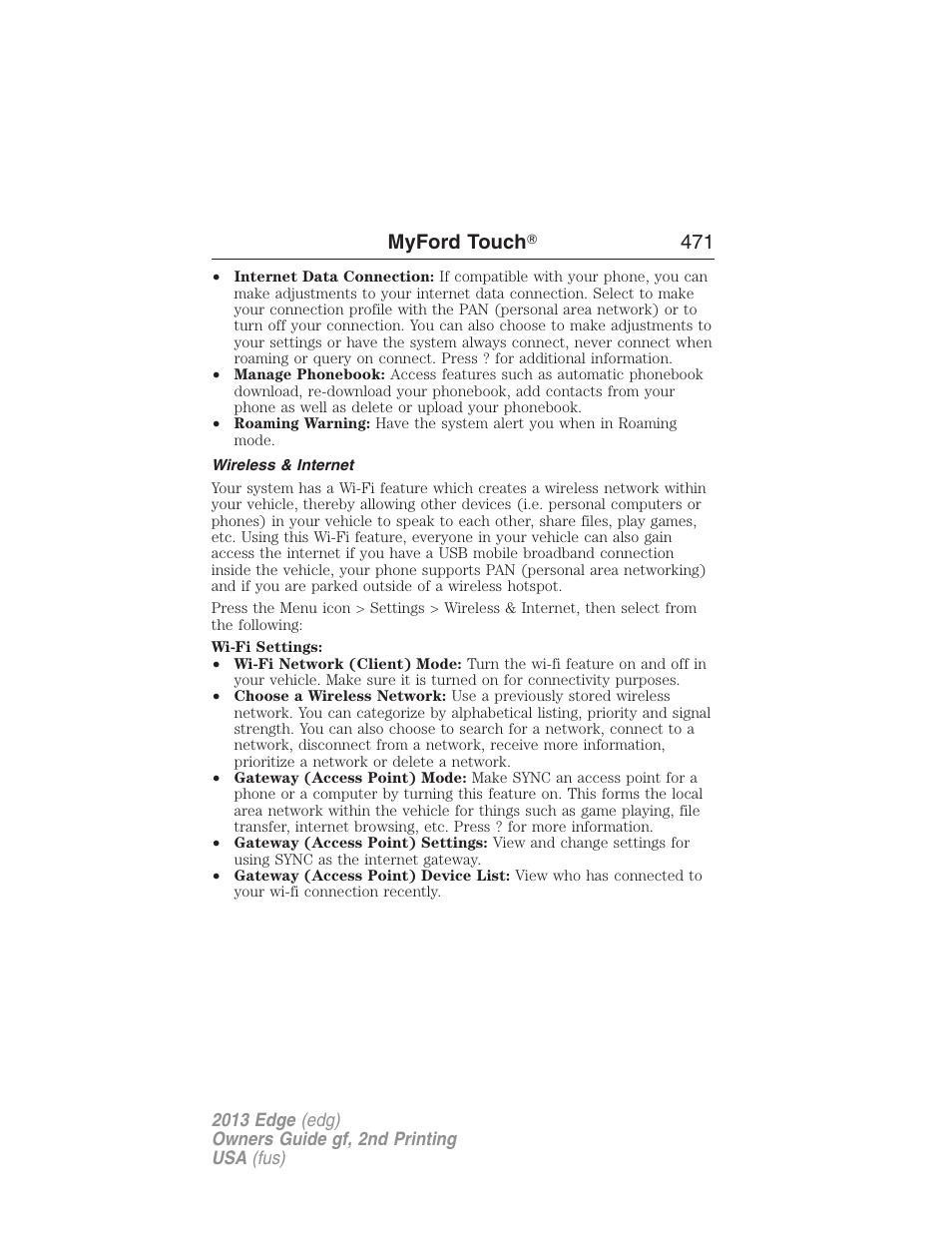 Wireless & internet, Myford touch ா 471 | FORD 2013 Edge v.2 User Manual | Page 471 / 513