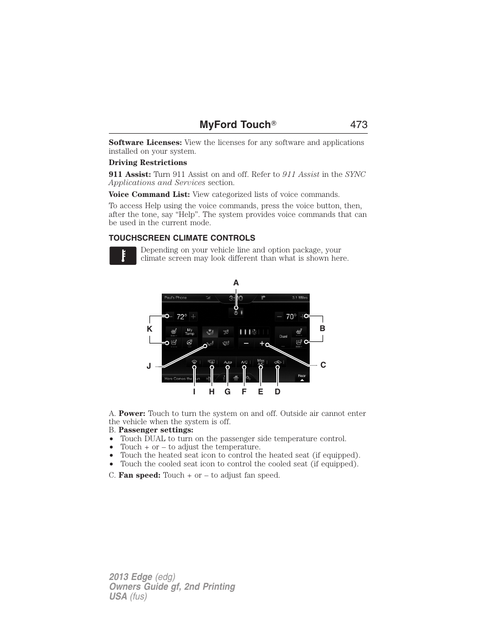 Touchscreen climate controls, Climate features, Myford touch ா 473 | FORD 2013 Edge v.2 User Manual | Page 473 / 513