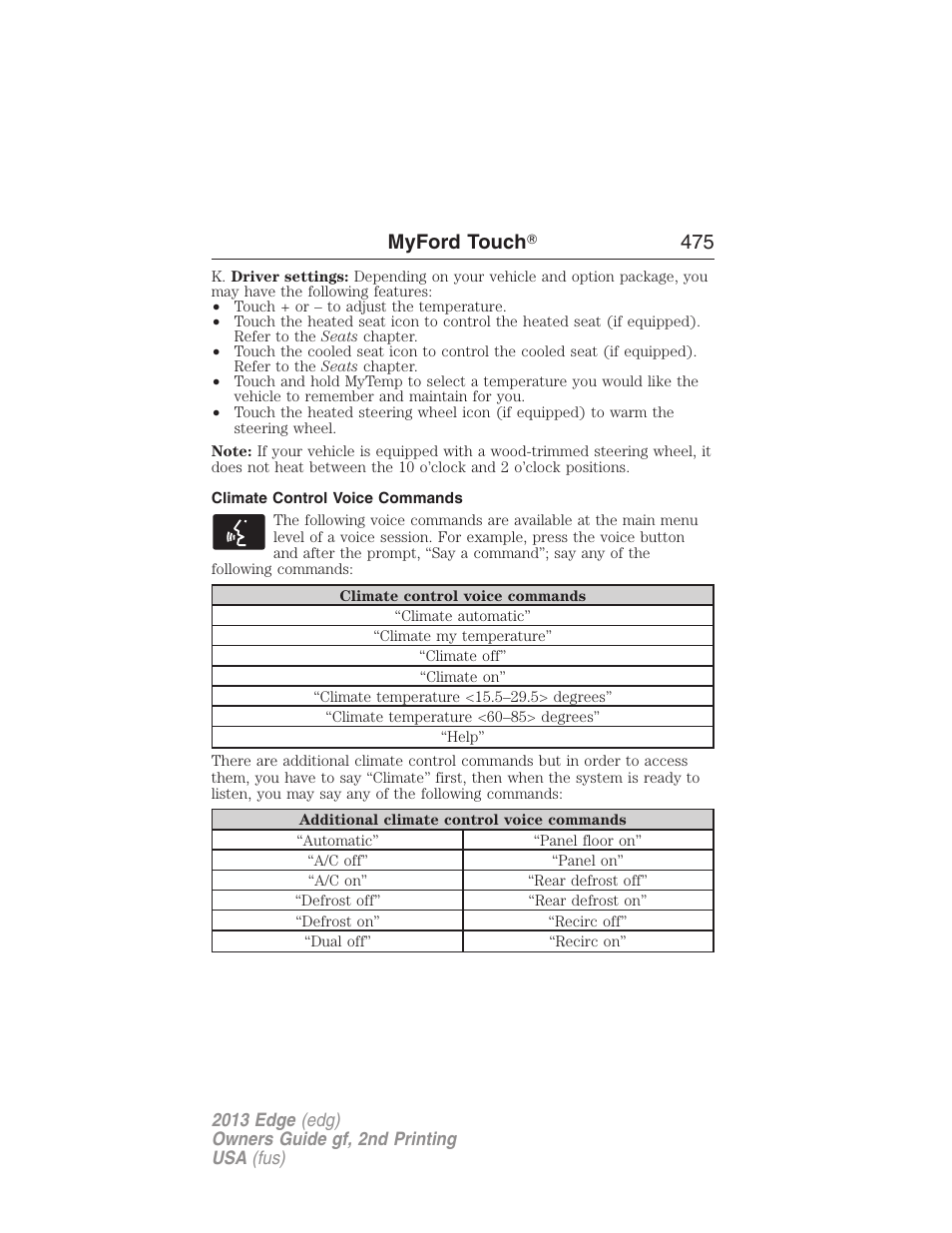 Climate control voice commands, Myford touch ா 475 | FORD 2013 Edge v.2 User Manual | Page 475 / 513