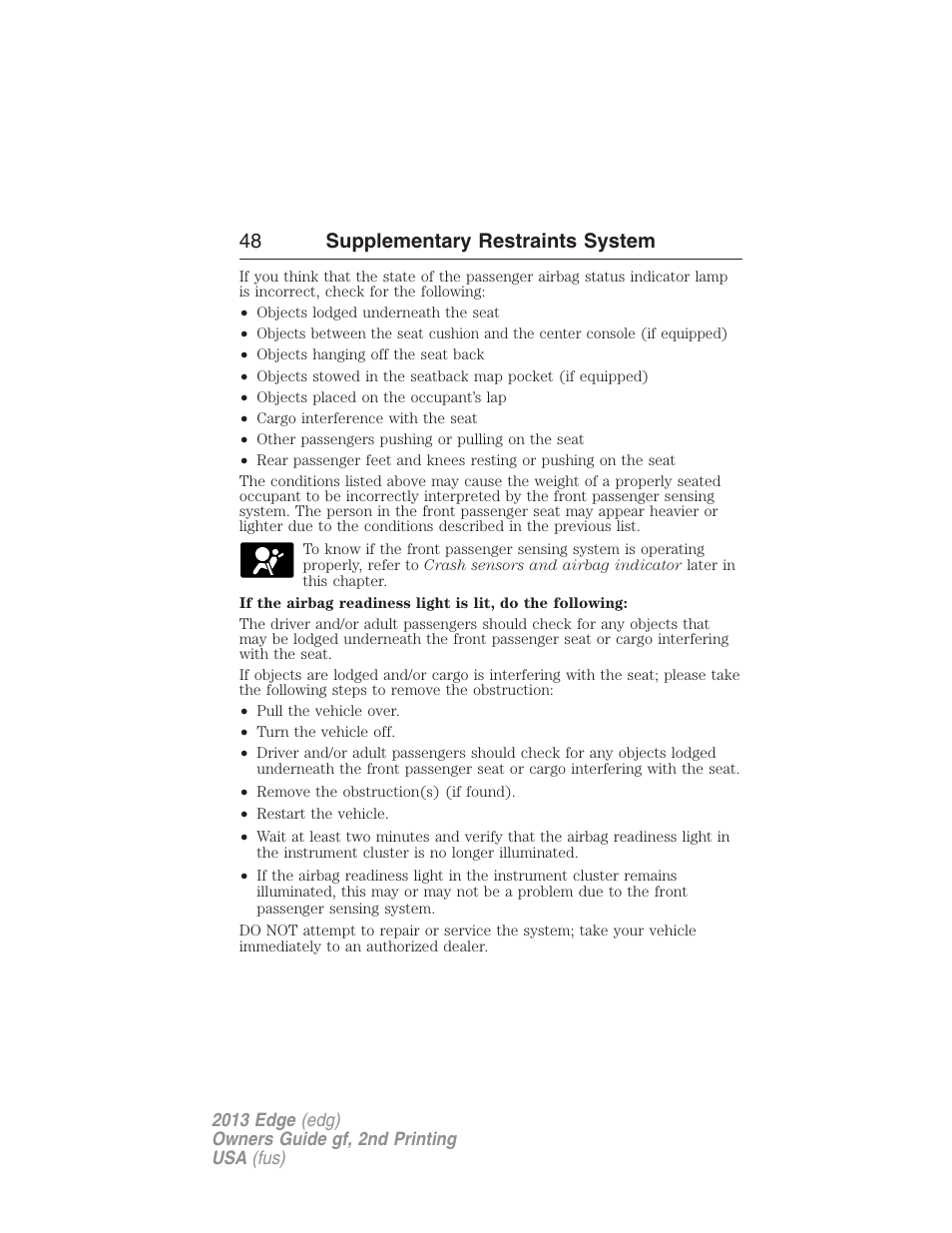 48 supplementary restraints system | FORD 2013 Edge v.2 User Manual | Page 48 / 513