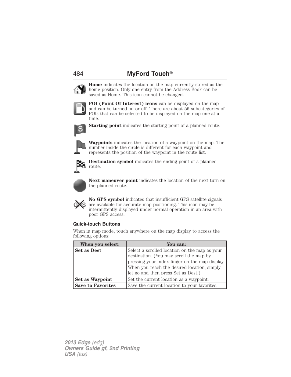 Quick-touch buttons, 484 myford touch | FORD 2013 Edge v.2 User Manual | Page 484 / 513