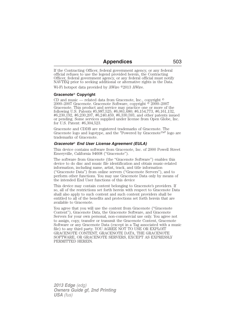 Gracenote? copyright, Gracenote? end user license agreement (eula), Appendices 503 | FORD 2013 Edge v.2 User Manual | Page 503 / 513